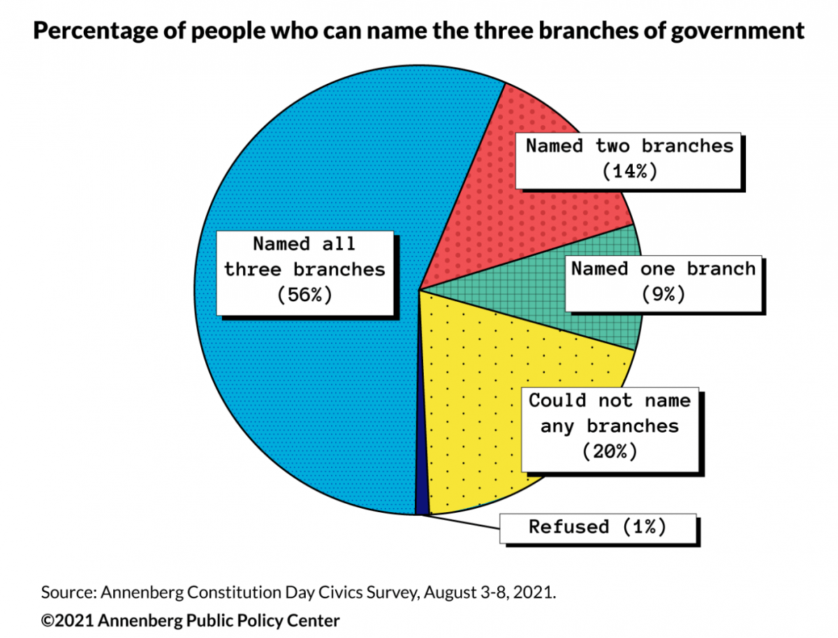 A pie chart displaying the percentage of people who can name the three branches of government. 56% named all three branches, 14% named two branches, 9% named one branch, 20% could not name any branches, and 1% refused.