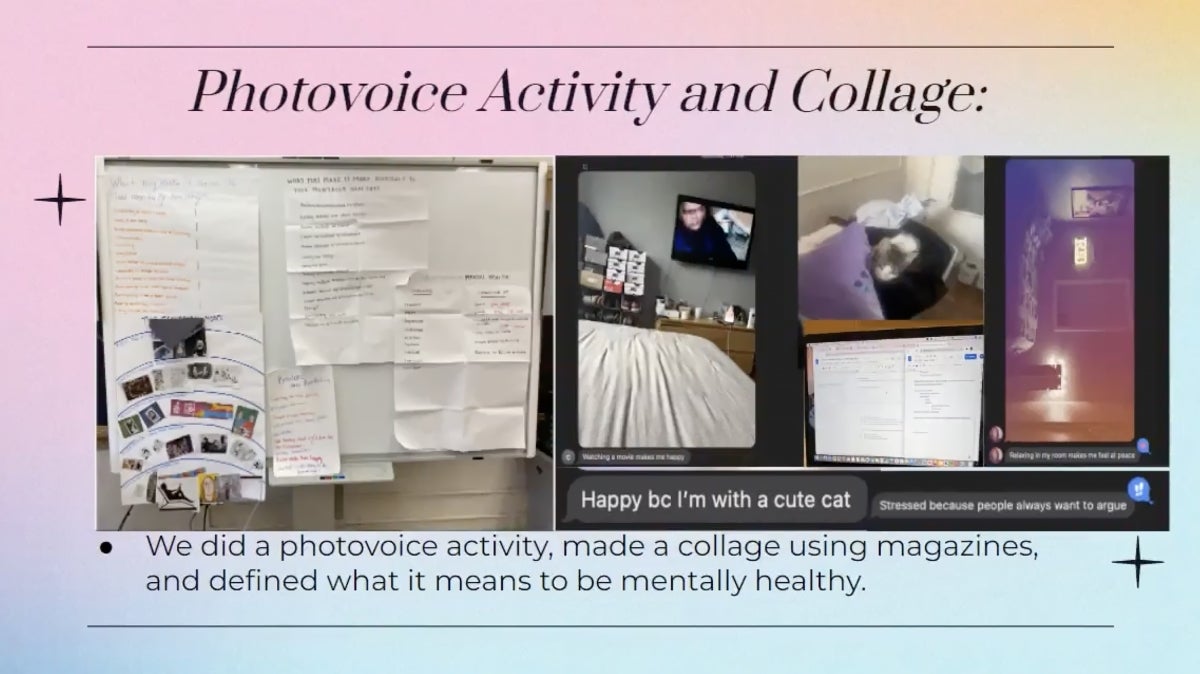Image of a collage under the words "Photovoice Activity and Collage: We did a photovoice activity, made a collage using magazines, and defined what it means to be mentally healthy"