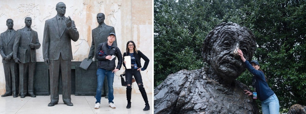 screen photo - on the left is a photo of Annenberg doctoral students Calvin Isch and Sim Gill standing in front of the Eisenhower Memorial. On the right, Devo Probol rubs the nose of the statue at the Einstein Memorial