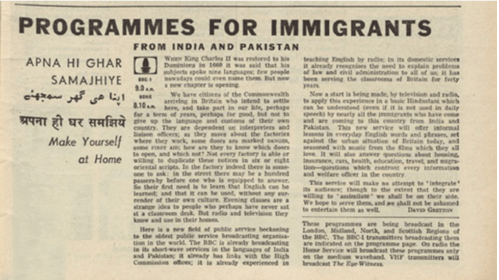 Scan of a newspaper clipping with headline Programmes For Immigrants