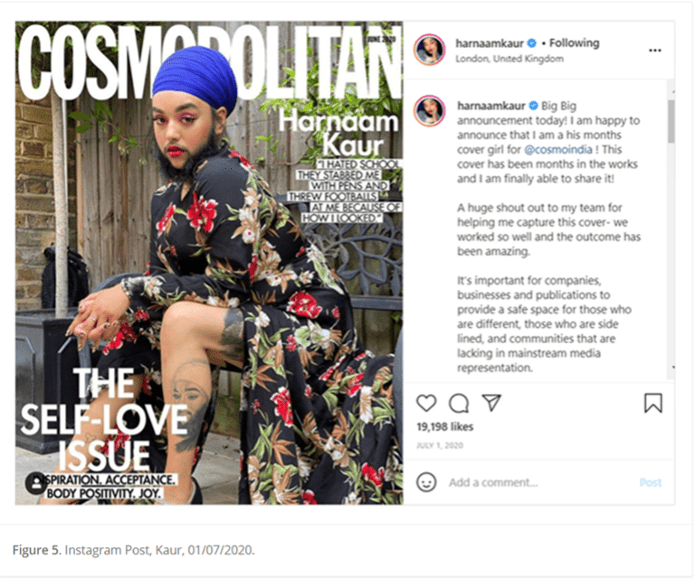 Screenshot of an Instagram post by Harnaam Kuar showing them on the cover of Cosmopolitan magazine