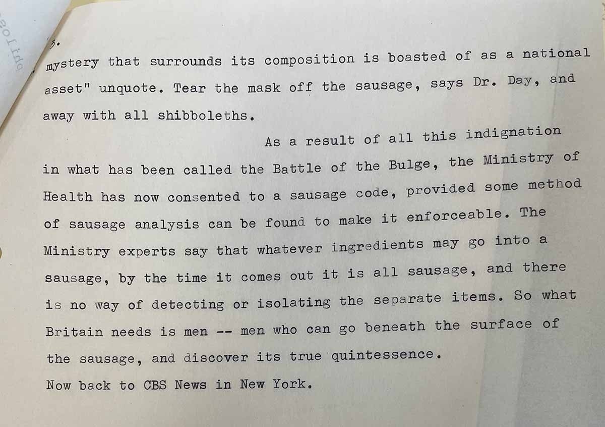 A script from the sausage story talking about how Britons had no standard definition of "sausage"
