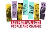 Image depicts the title for the LSE Festival 2023: People and Change. Various women and images of hands are shown on the banner.