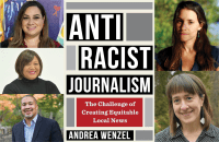 Vanessa Maria Graber, Sandra Clark, Letrell Crittenden, Jean Friedman-Rudovsky, and Andrea Wenzel next to Wenzel's book Antiracist Journalism