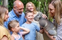 Family petting a Koala and smiling