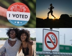 CNLab Checkerboard-01.jpg Four photos, one of an "I voted sticker", another of a person running, another with two girls sitting together and laughing, and the last a "no smoking" sign