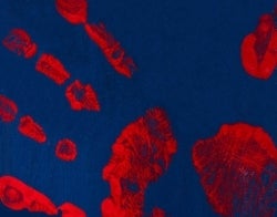 Red handprint in paint on a navy blue background by Scott Rodgerson / Unsplash