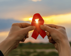 ApplicationstoHealth_Checkerboard.png Hands holding up a red HIV ribbon in front of a sunset