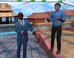 Virtual Reality 700 x 550.jpg Two avatars standing next to each other somewhat gesturing as if speaking, standing on a virtual background with various architectural elements