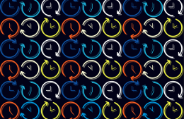 lots of small clock graphics in different colors tiled across black background