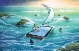 animated image of person floating through treacherous waters on a raft made of a smartphone