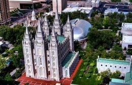 Aerial Photo of Temple Square in Salt Lake City, Utah, with the Salt Lake Tabernacle and Salt Lake Assembly Hall as the main focus; photo credit: Michael Hart / Unsplash
