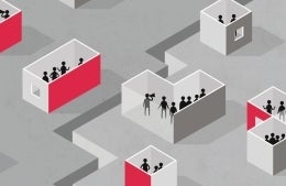 Digital art of multiple rectangular, box-like spaces filled with people drawn as black figures. Some boxes have one side colored red.  