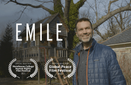 Emile Bruneau with the word "Emile" and the logos showing it is an official selection for the Morehouse College Human Rights Film Festival 2021 and the Global Peace Film Festival 2021