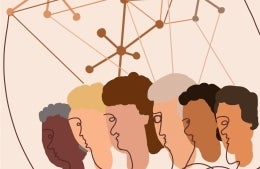 Abstract heads with different hair and skin tones, connected by lines and spiky network diagrams above