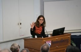 Emily Falk lecturing at Annenberg podium