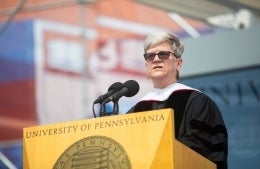 Kathleen Hall Jamieson speaking from a podium at the 2022 graduation ceremony