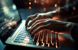 Glowing laptop with close - up shot of person's hands typing on the laptop keyboard and blurred out background with bright light shining behind and illuminating the laptop. 