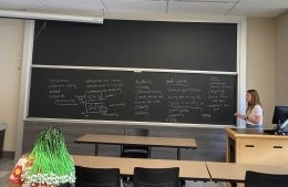 Person standing by a chalkboard filled with words. In the classroom, we see the back of a person's head