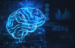 Abstract illustration of a blue glowing brain with a faded dark background interlaced with computer code