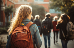 A student wearing an orange backpack walks to school next to other students