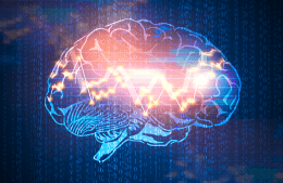 conceptional image of a brain interposed with computer chips
