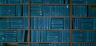 Bookshelves filled with blue bound volumes