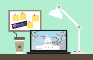 Graphic of a laptop displaying the US Capitol next to a lamp, coffee cup, and bulletin board