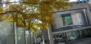 Walnut Street Entrance to the Annenberg School with fall leaves on a tree
