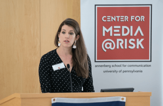 Jennifer Henrichsen giving a talk at a Center for Media at Risk event