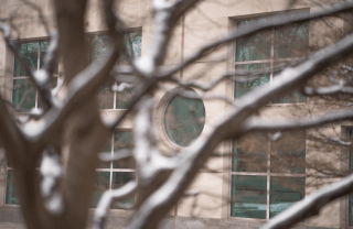 closeup shot of blurred tree branches covered in snow and focused on Annenberg School in the background