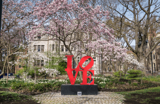 statue of the word "love" in red on a spring day with Penn buildings and blossoming trees in the back