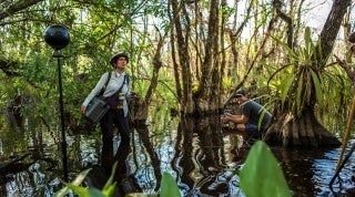 CDCS_FW_DR_1920x1070.jpg Two people standing in a swamp with film equipment