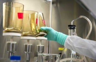 Image of a hand reaching for a becker in a science lab, photo credit: CDC / Unsplash