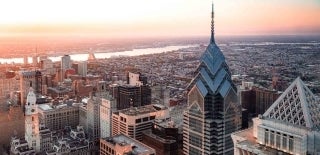 Aerial view of Philadelphia from center city at dawn