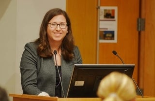 Allyson Volinsky in front of lecture hall