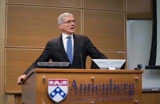 Tom Wheeler stands at Annenberg podium