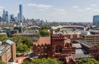 Drone photo of Fisher Fine Arts Library at the University of Pennsylvania also overlooking Philadelphia, photo credit University of Pennsylvania
