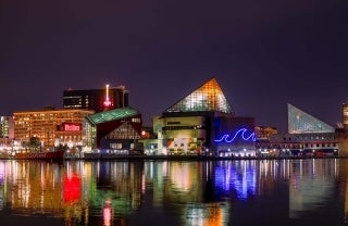 night-time view of Baltimore Inner Harbor