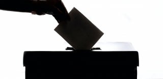 White background with a black silhouette of a hand placing a ballot in a box. Photo by Element5 Digital on Unsplash.