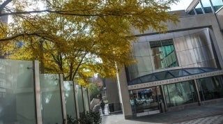 Walnut Street Entrance 1920 x 1070.jpg Walnut Street Exterior of the Annenberg School with a fall tree beside it