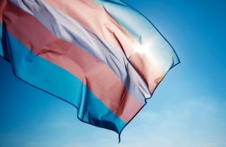 Transgender flag waving against a blue sky with the sun shining through it