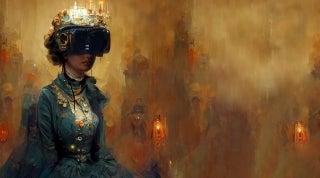 vrcolab-1920x1070.jpg A fanciful painted image of a young Queen Victoria in an ornate dress wearing a combination crown and VR headset surrounded by candles at a seance