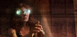 Decorative image of woman wearing some kind of virtual reality glasses pointing into the distance. The image has abstract lines across it.