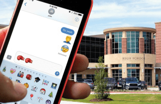 In front of high school, phone message sends various emojis of different expressions and boxing gloves