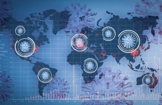 Decorative collage of world map with circles and corona viruses as well as various line and bar charts