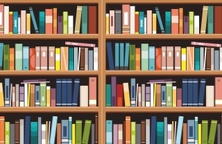 Colorful graphic of many books piled on to bookshelves