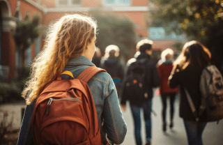 A student wearing an orange backpack walks to school next to other students