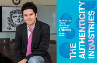 A potrait of Michael Serazio next to the blue and white book cover for his book, The Authenticity Industries: Keeping it "Real" in Media, Culture, and Politics 