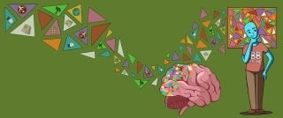 Banner illustration of a person thinking, a brain, and a stream of triangles with eco-related icons